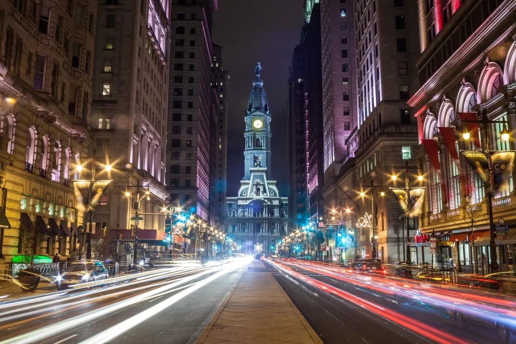 long exposure of street leading to city hall philadelphia at night