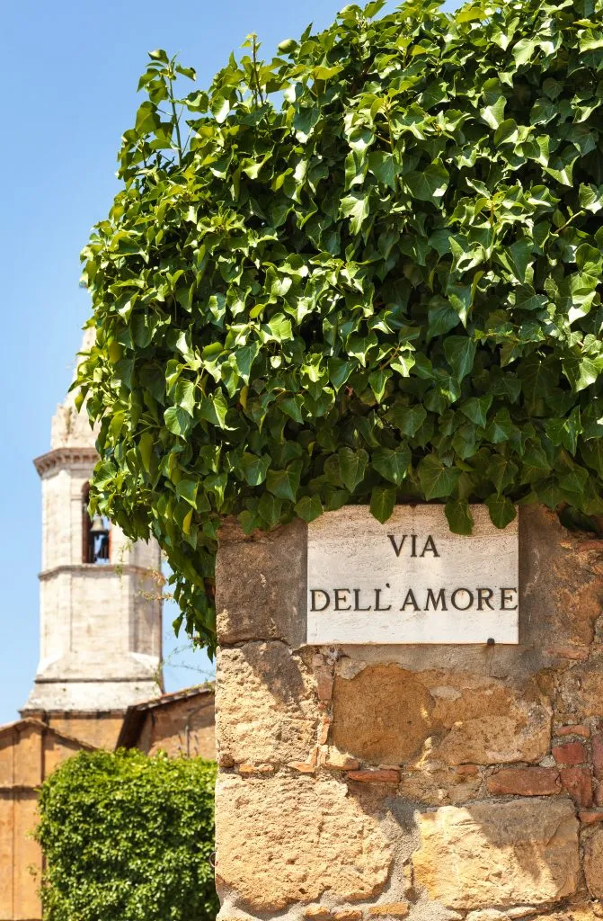 via dell'amore sign in pienza italy with vines growing over the top