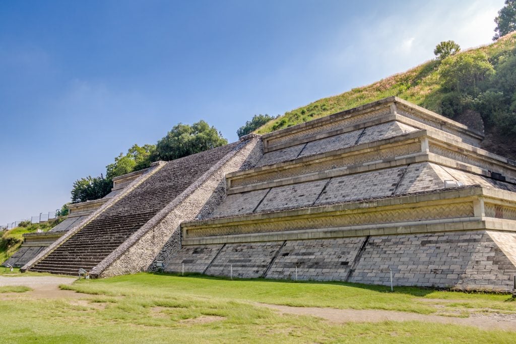 cholula pyramid as seen from the ground, one of the most impressive aztec ruins in mexico