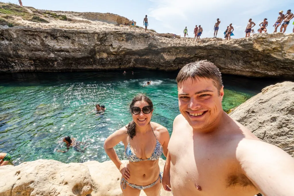 kate storm and jeremy storm taking a selfie at the grotta della poesia italy