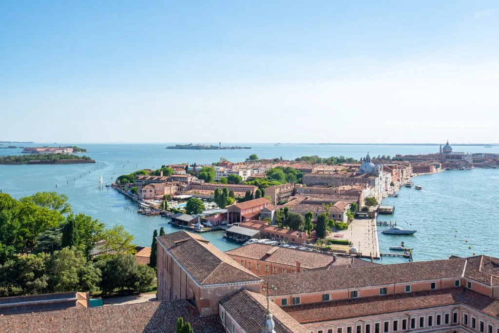 view of giudecca and san giorgia maggiore from above, some of the best islands in venice lagoon to visit