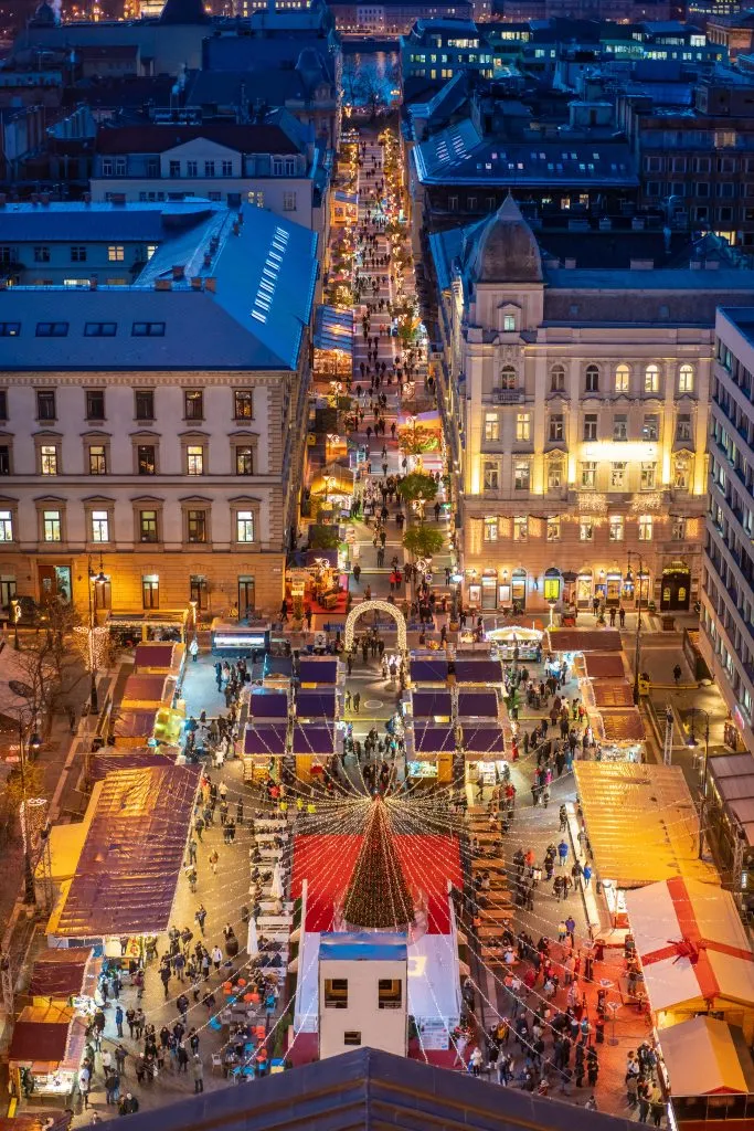 view of christmas market st stephens basilica budapest from above