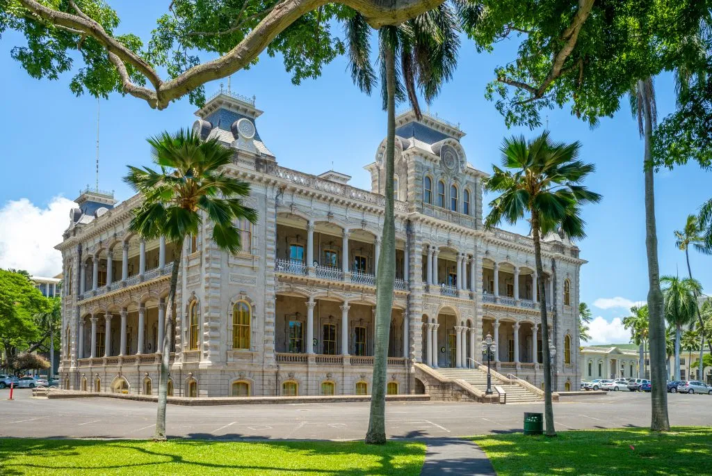 exterior of iolani palace, one of the best places to visit in oahu hawaii