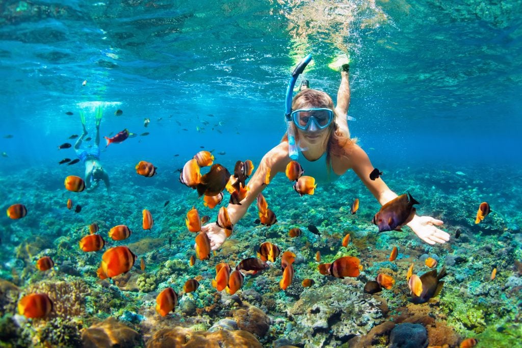 woman snorkeling in hawaii with orange fish in the foreground