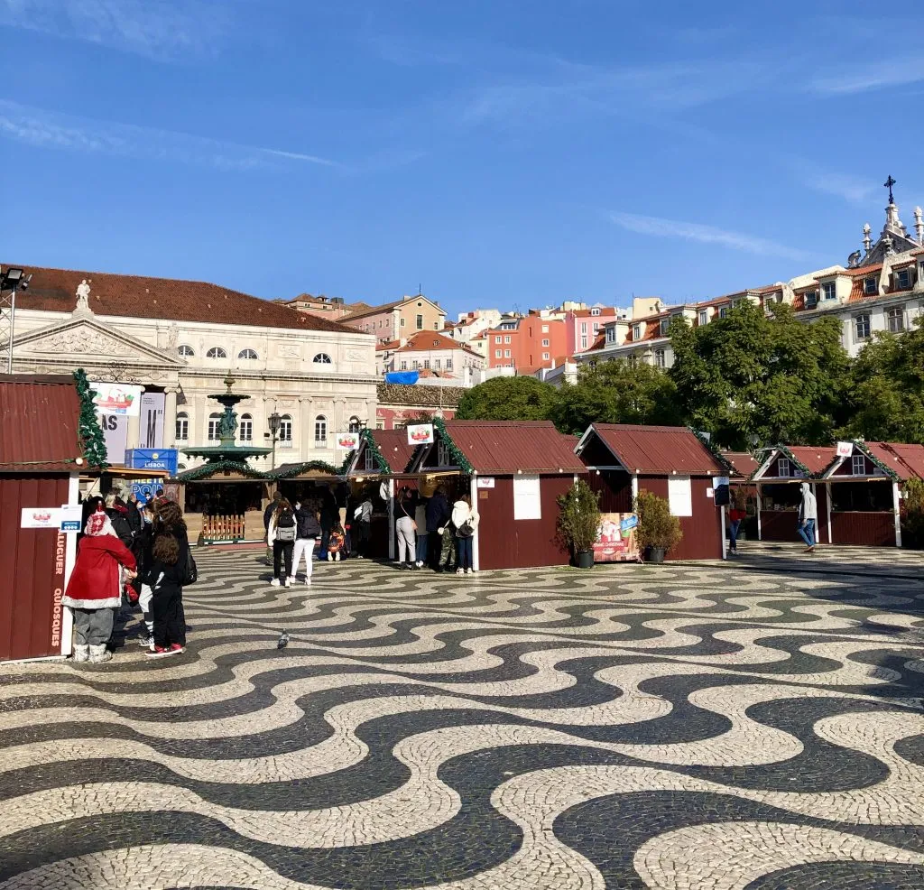 rossio christmas market on a sunny day in lisbon december