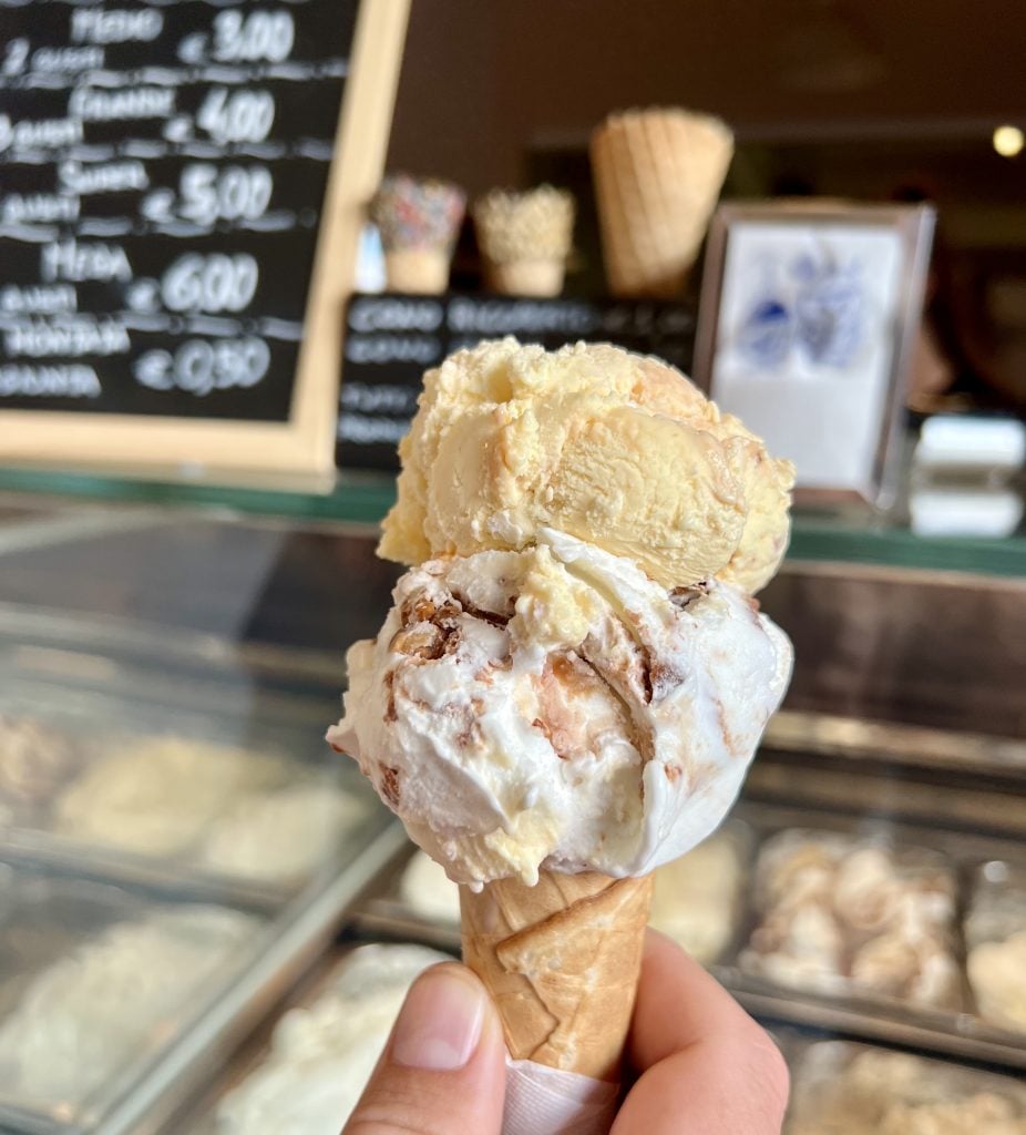 two scoops of gelato from gelateria il doge, one of the best things to do in dorsoduro venice