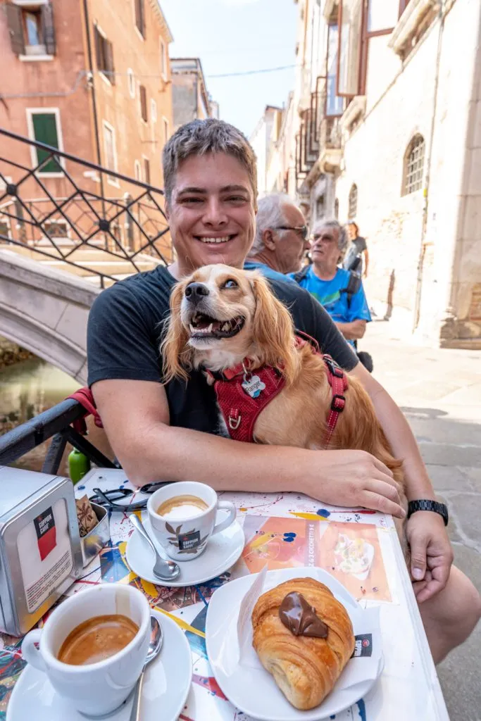 jeremy storm and ranger storm eating breakfast in venice italy--it's fun to be able to order in italian during your first trip to europe