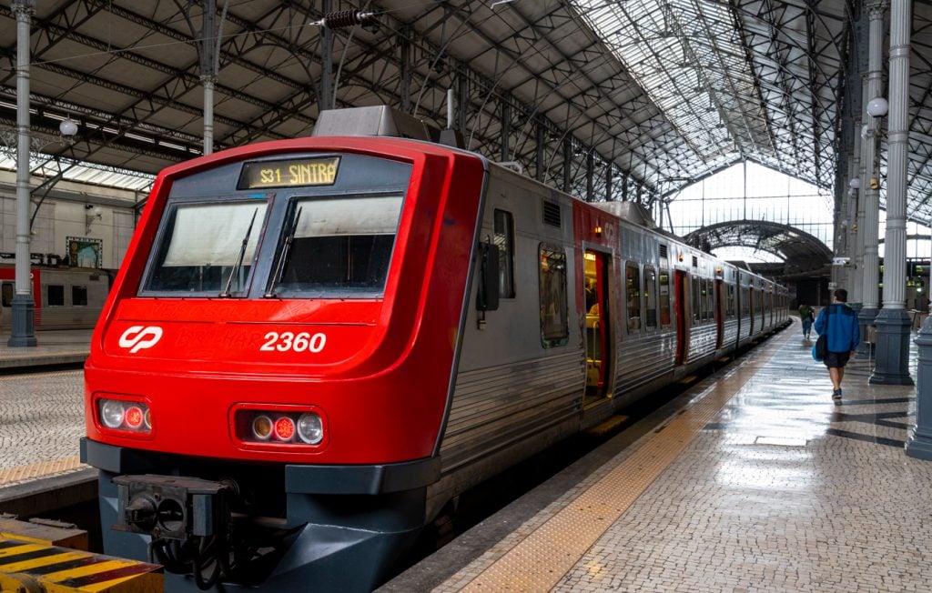 train to sintra in rossio station lisbon getting ready to depart