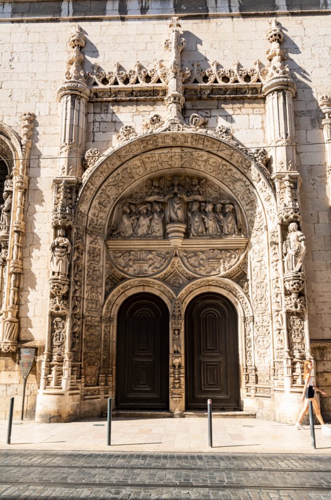 front facade of Church of Nossa Senhora da Conceição Velha in lisbon portugal manueline door