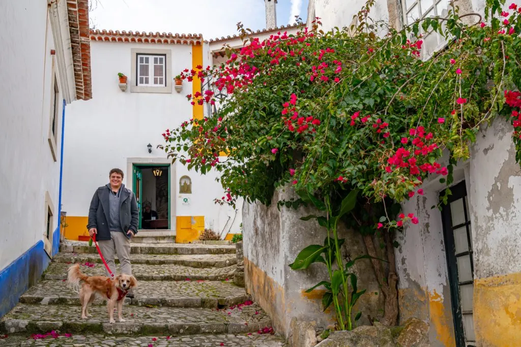 jeremy storm and ranger storm standing next to a flowering tree when visiting obidos portugal