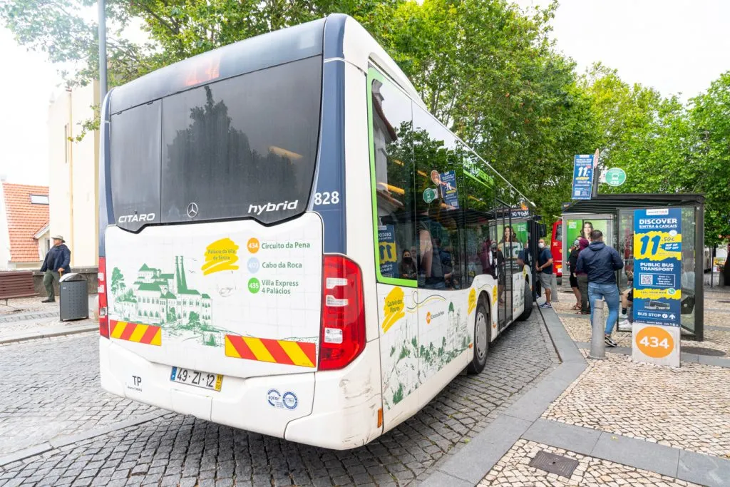 bus stopped at the train station along route 434 in sintra, one of the best ways to get around sintra for a day