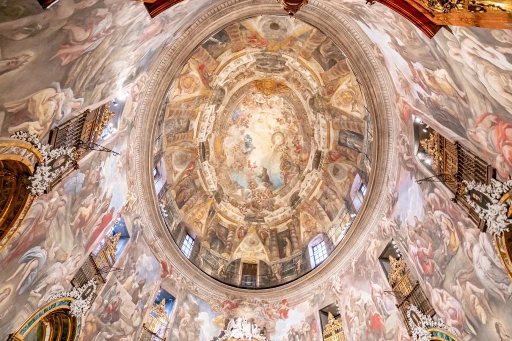 fresco ceiling of the sistine chapel of madrid, as seen during a few days in madrid spain