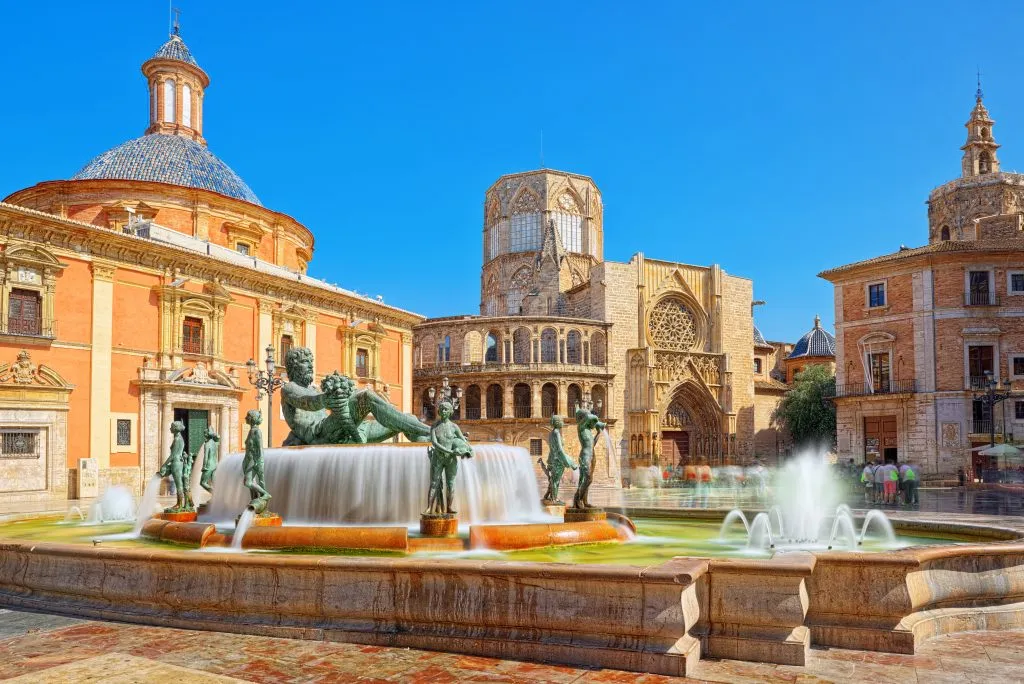 elaborate cathedral and fountain in valencia spain