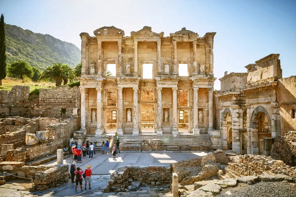 front facade of the library of celsus in ephesus, one of the most beautiful travel destinations in turkey