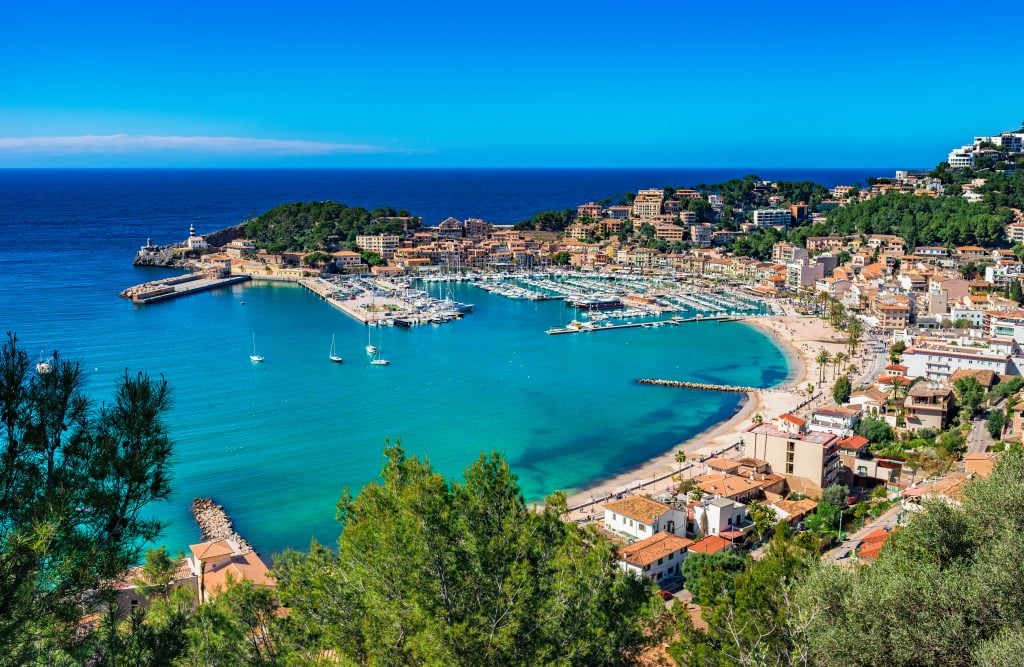 view of port de seller mallorca from above, one of the most beautiful beach towns spain