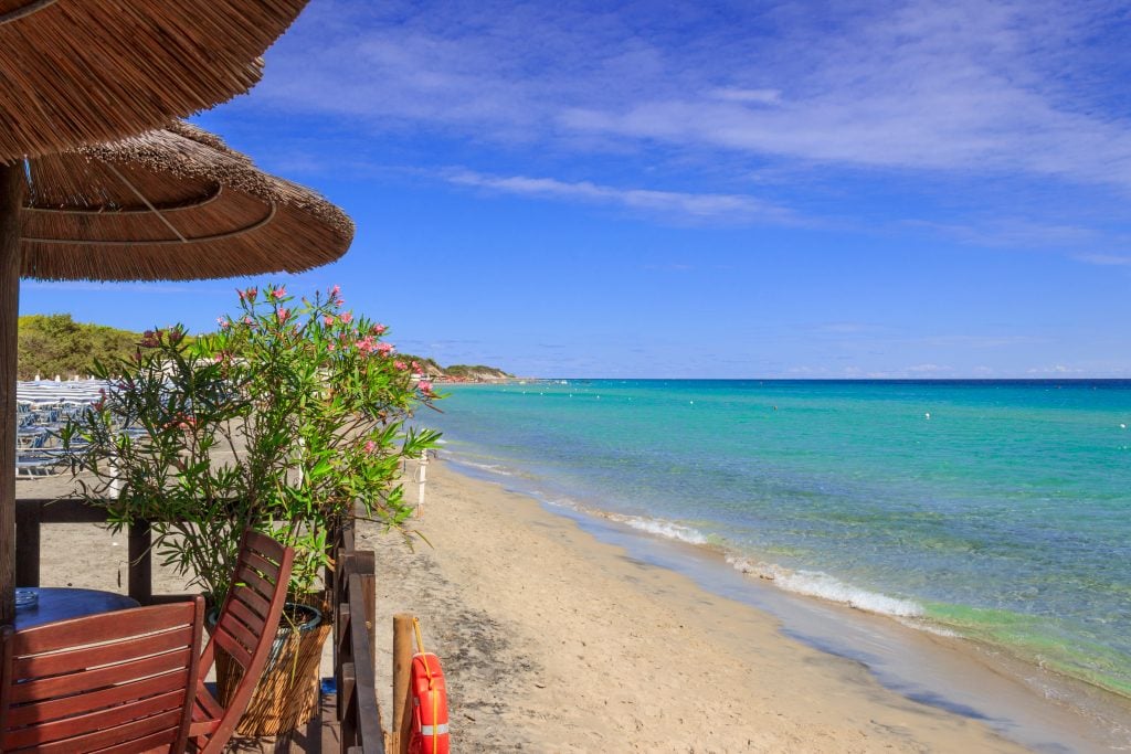 spiaggia alimini with water to the right and umbrellas to the left