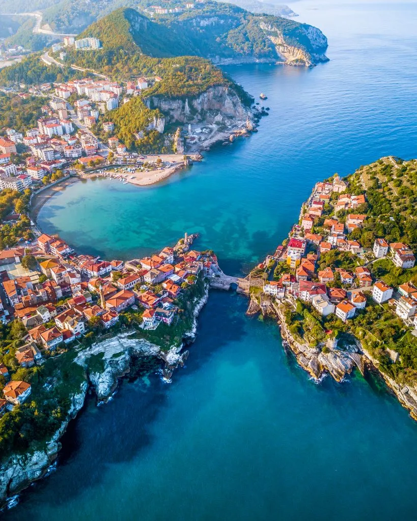 aerial view of amasra with bridge between two sides of town clearly visible