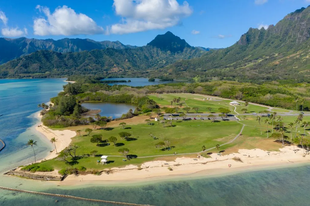 aerial view of kualoa regional park, one of the best attractions oahu hawaii