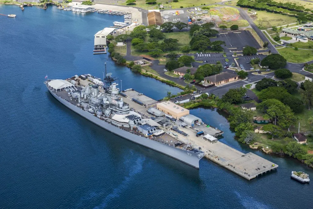 aerial view of missouri battleship at pearl harbor