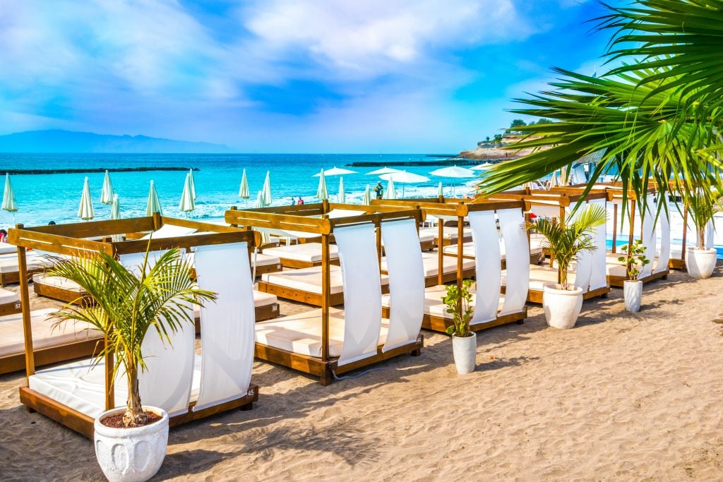 shaded resort loungers on costa adeje beach