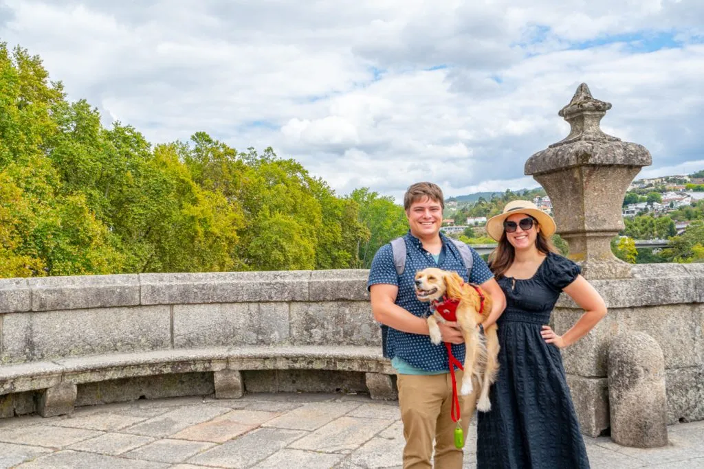 kate storm jeremy storm and ranger storm on the sao goncalo bridge, one of the best places to visit in amarante portugal