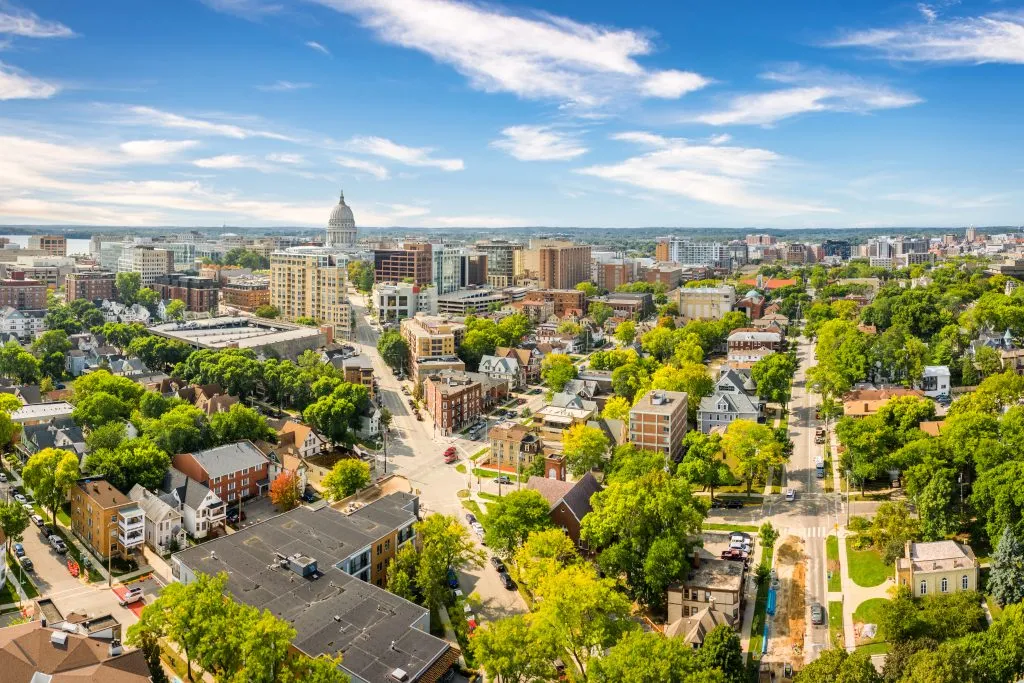 aerial view of madison, one of the best cities to visit on road trips in midwest usa