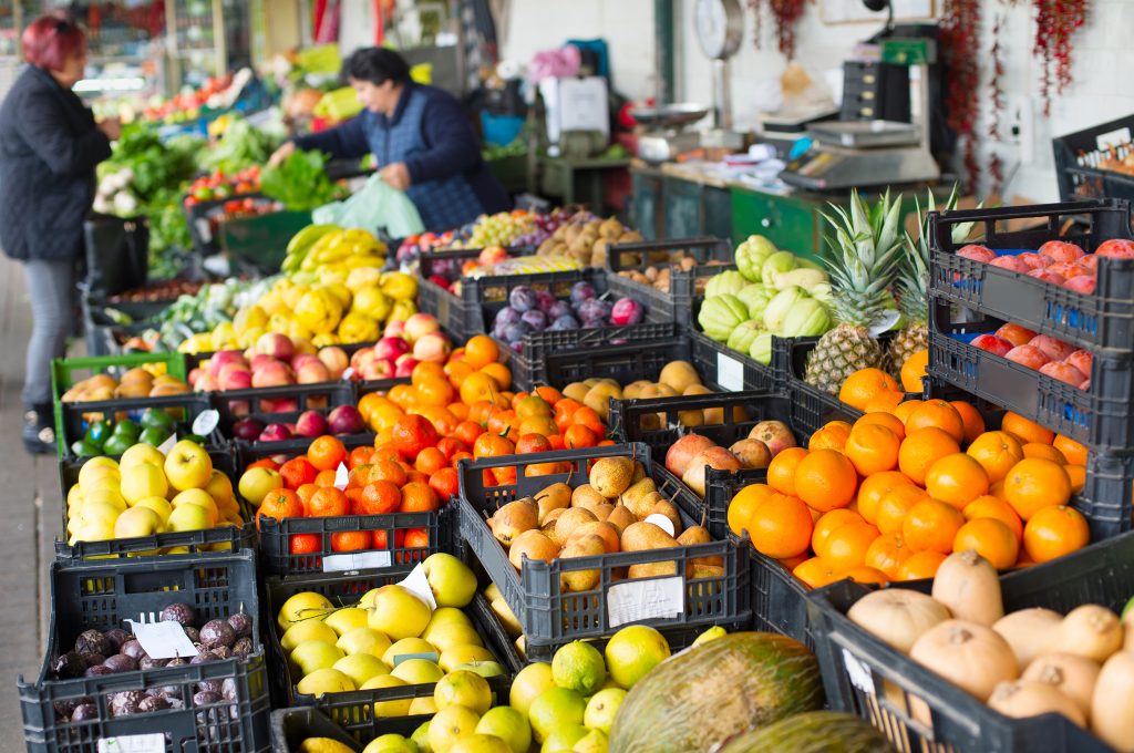 fresh fruit stand at a market in portugal