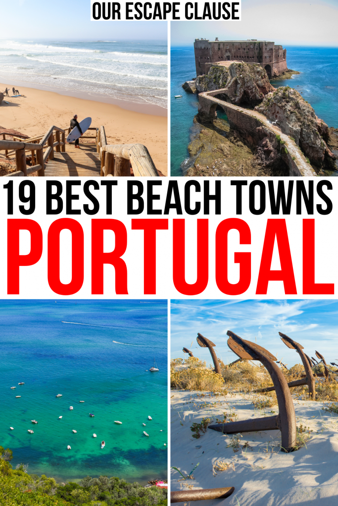 4 photos of portugal coastal towns, black and red text reads "19 best beach towns portugal"