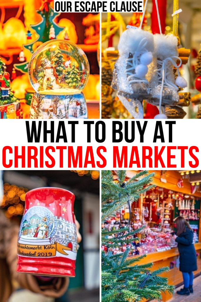 4 photos of christmas market souvenirs, black and red text reads what to buy at christmas markets gifts