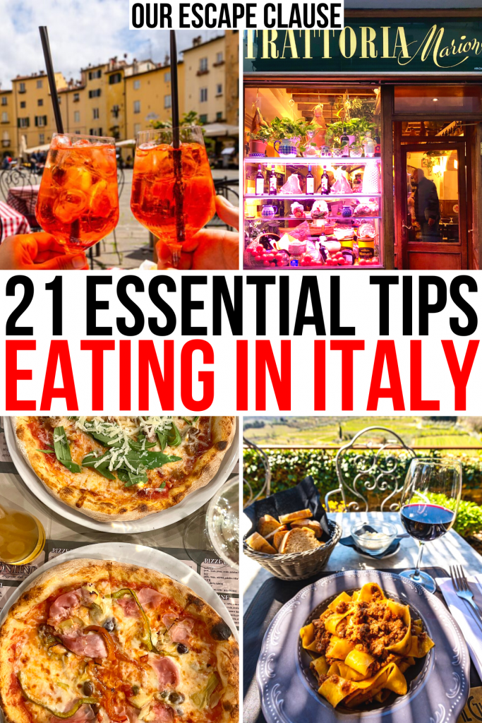 4 photos of restaurant dining in italy, black and red text reads "21 essential tips eating in italy"
