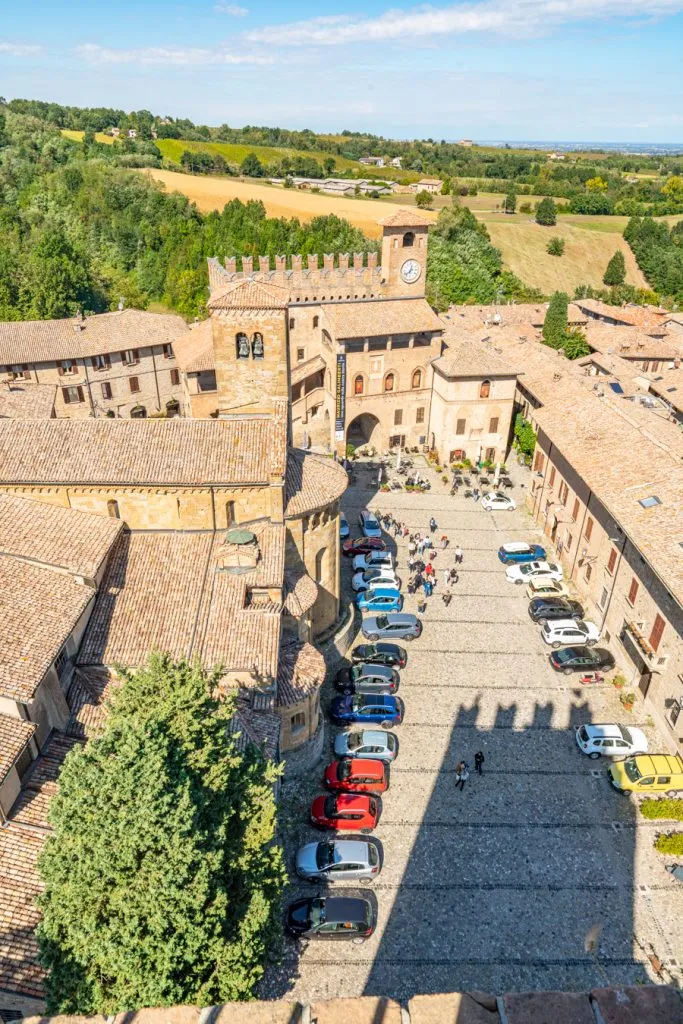 view of piazza del municipio from above with Palazzo del Podestà prominent in the photo