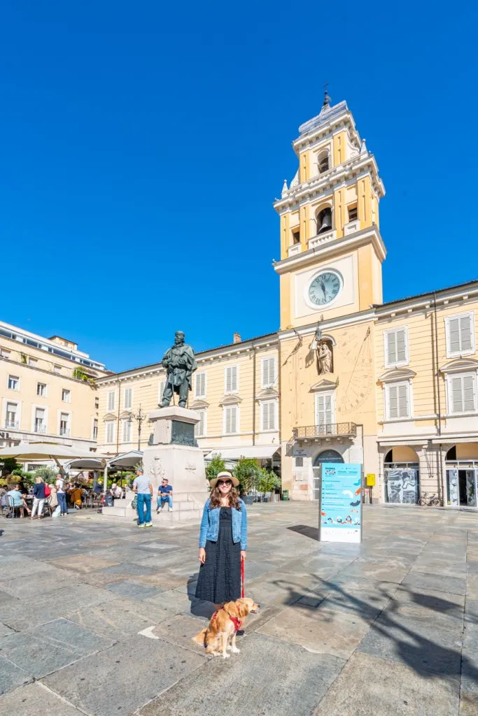 kate storm and ranger storm standing in piazza garibaldi, one of the best places to visit in parma italy
