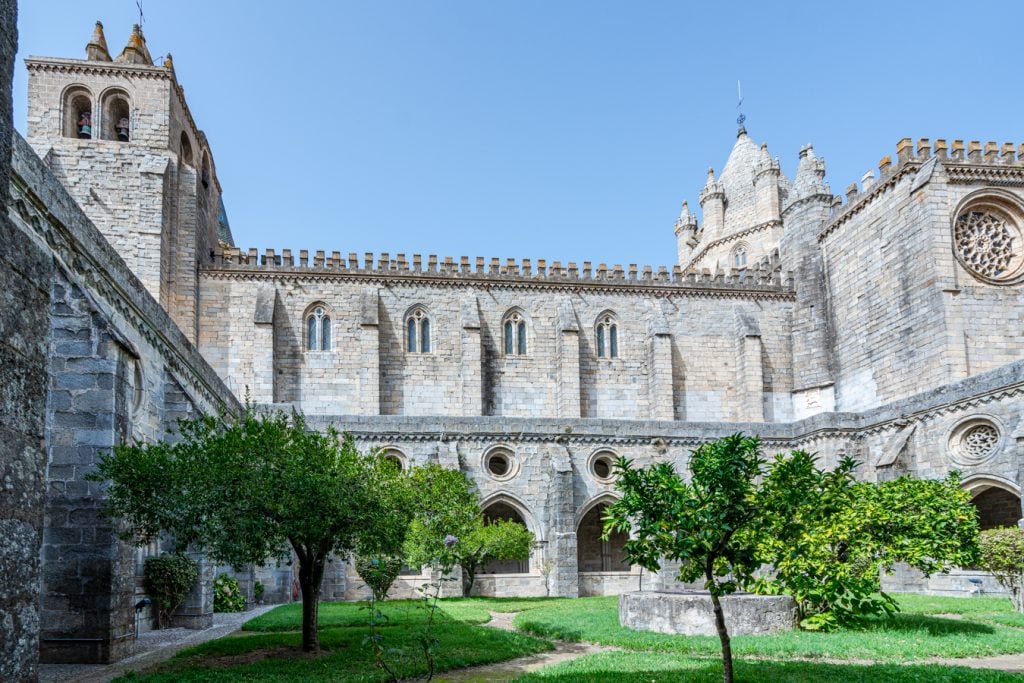view of evora gothic cathedral from inside the cloisters