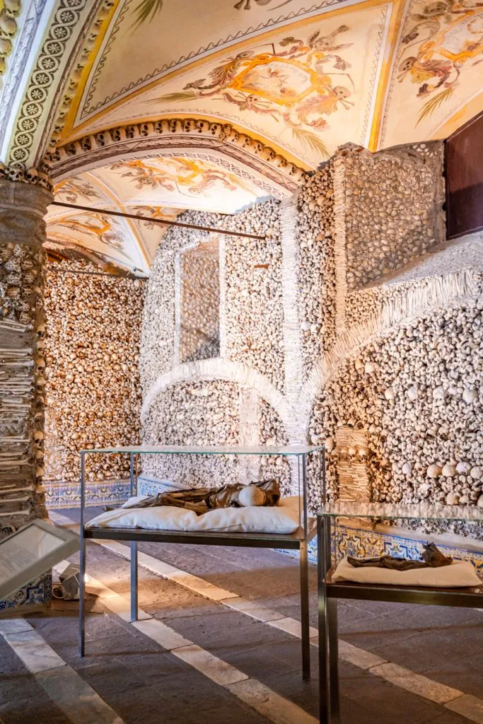 mummies on display surrounded by skeletons in the evora chapel of bones, one of the best places to visit in evora portugal