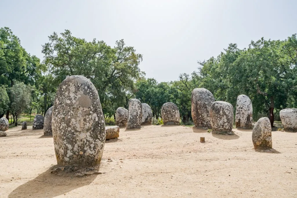 standing stones at the Cromlech of the Almendres megalithic complex portugal