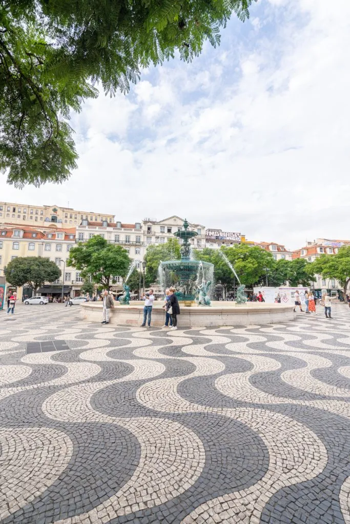 calcada portugues in rossio square, tile can be slippery when wet