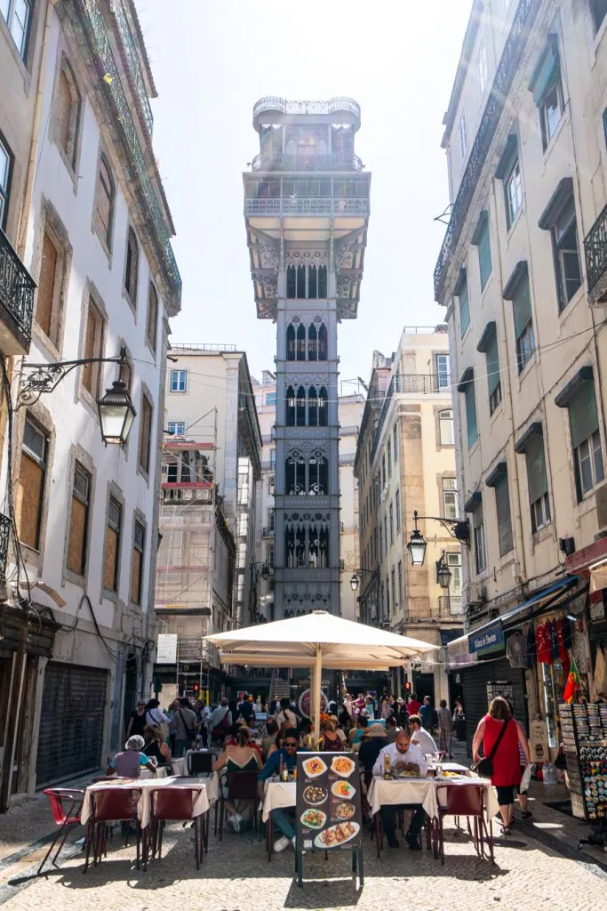 santa justa lift as seen from below in baixa when visiting lisbon 3 day itinerary