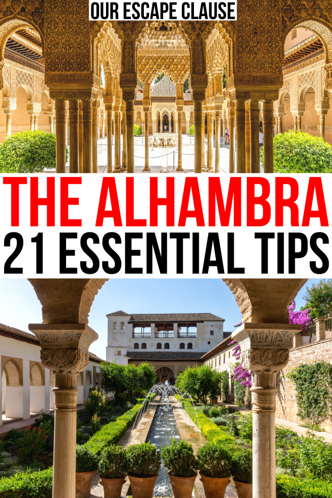 2 photos of the alhambra, court of the lions and generalife. black and red text reads "the alhambra essential tips"