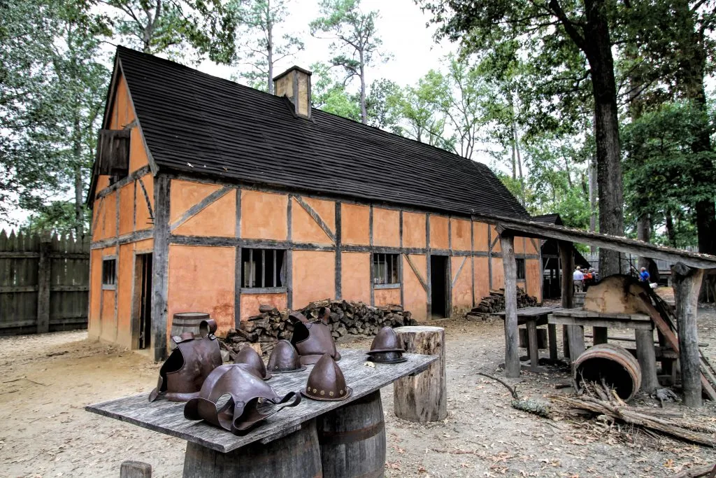 historic reenactment blacksmith shop in jamestown, one of the best virginia bucket list destinations for history lovers