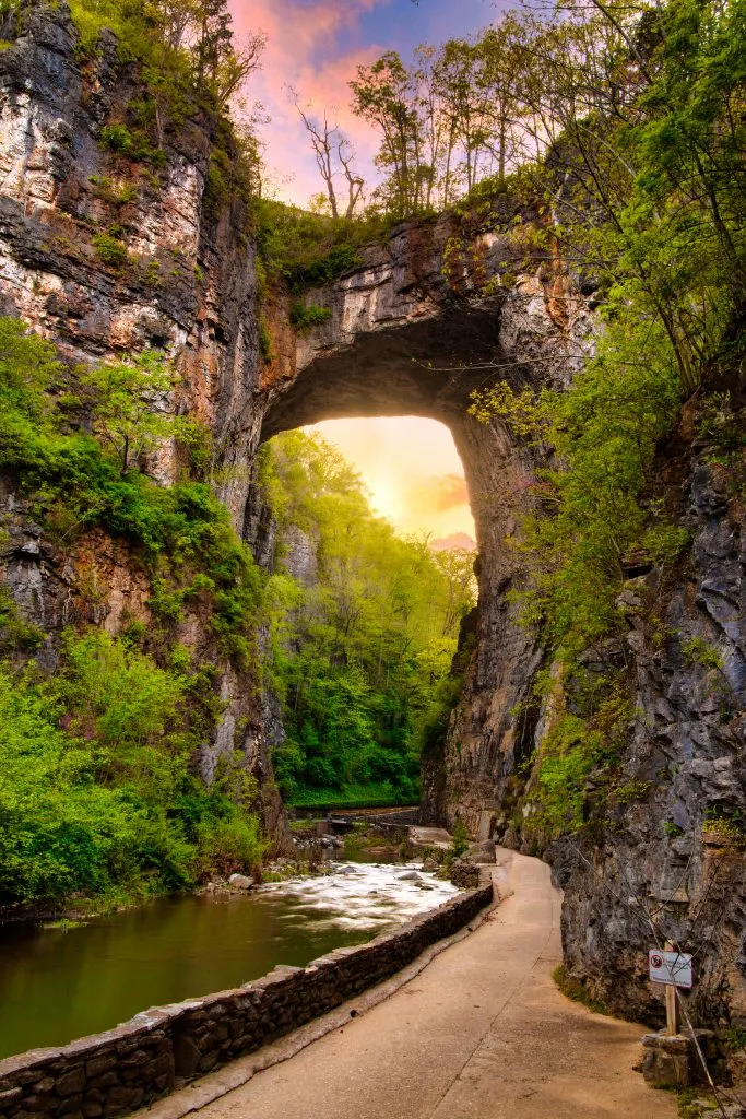 natural bridge rock formation at sunset, one of the most unique virginia vacation spots