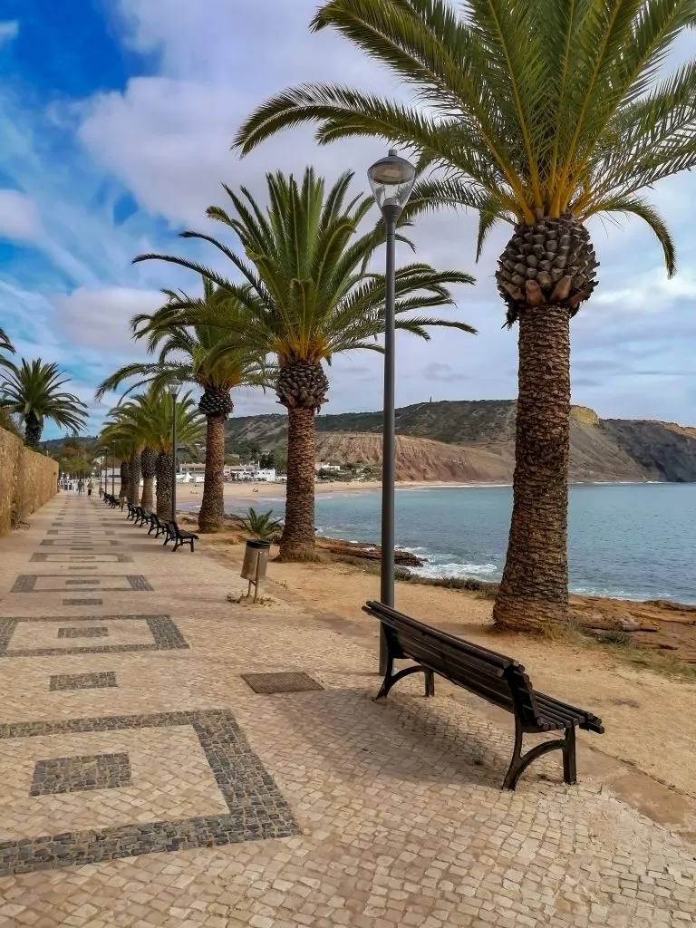 promenade along praia da luz with calcada portuges and palm trees
