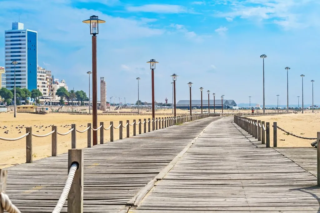 boardwalk along the sandy beach in Figueira da Foz, one of the top portugal coastal towns