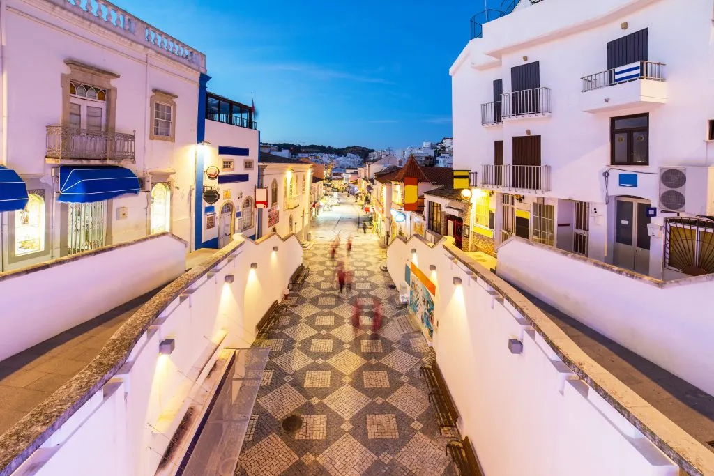 central albufeira at night, one of the top seaside towns in portugal to visit