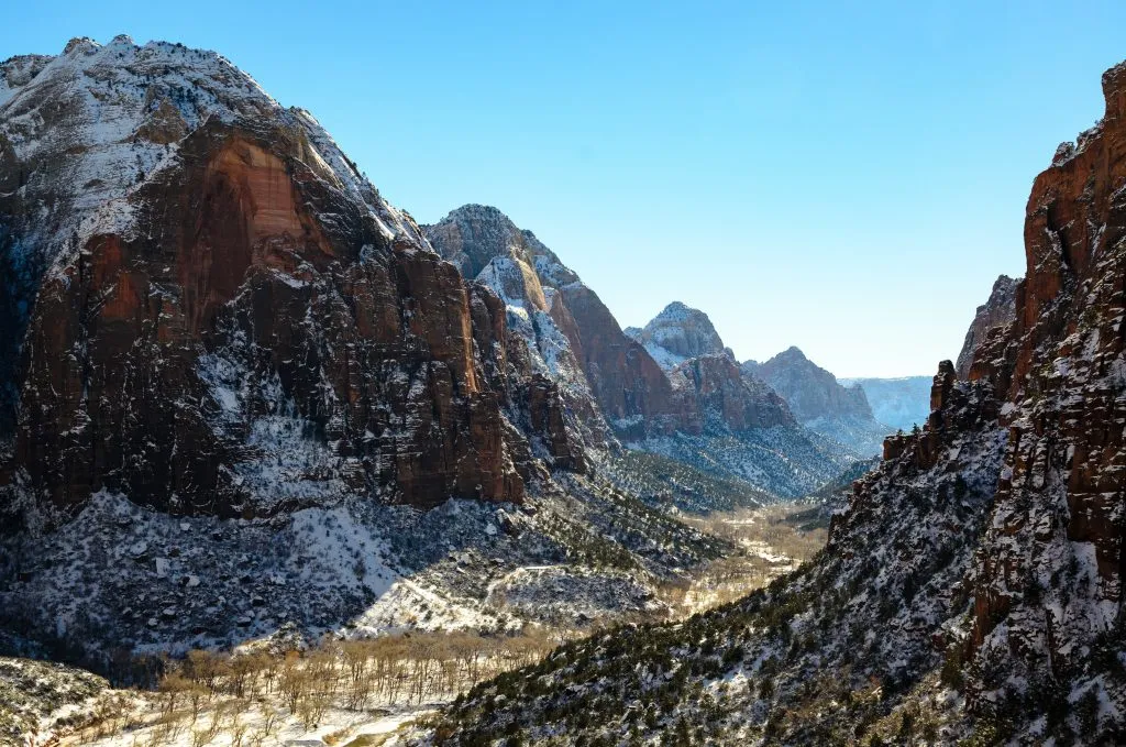 zion canyon as seen from beginning of angels landing trail with a light snowfall