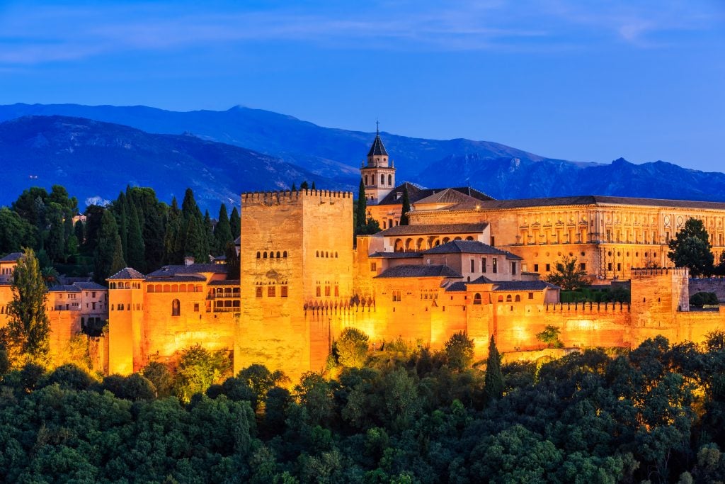 alhambra granada at night as seen from mirador de san nicolas