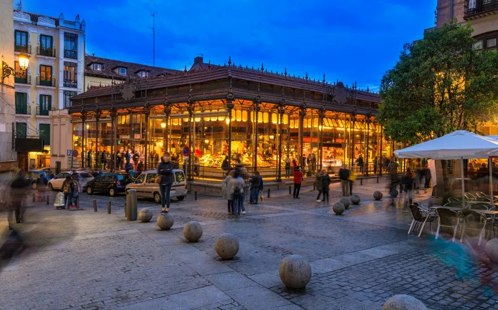 mercado san miguel during an evening in madrid spain at blue hour
