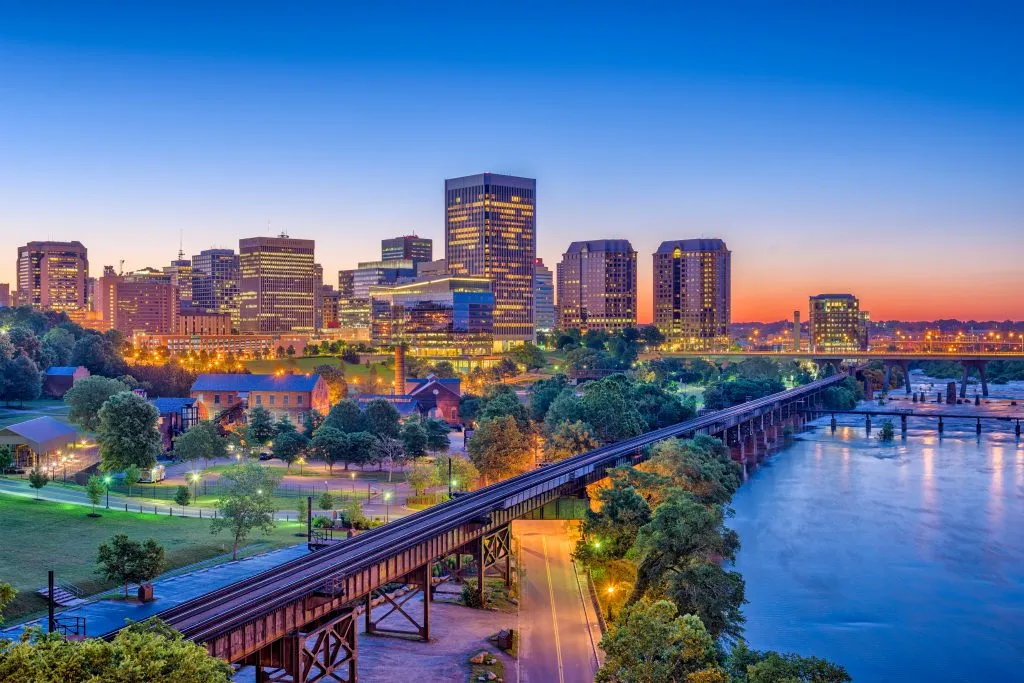 skyline of richmond virginia at blue hour, one of the best cities to visit in virginia