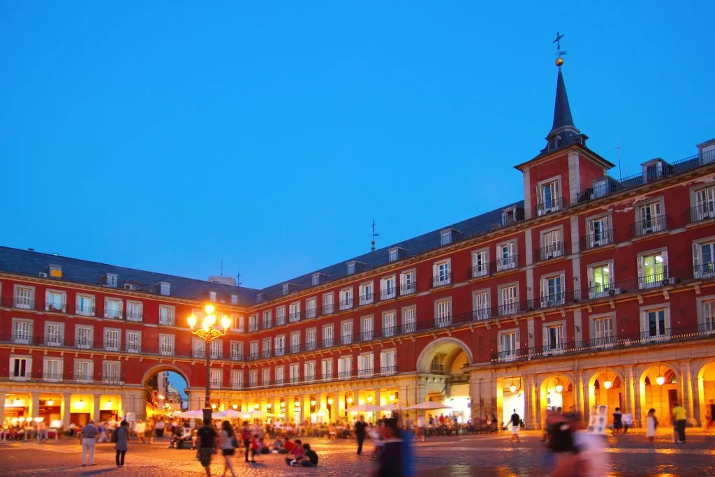 plaza mayor during blue hour in madrid night