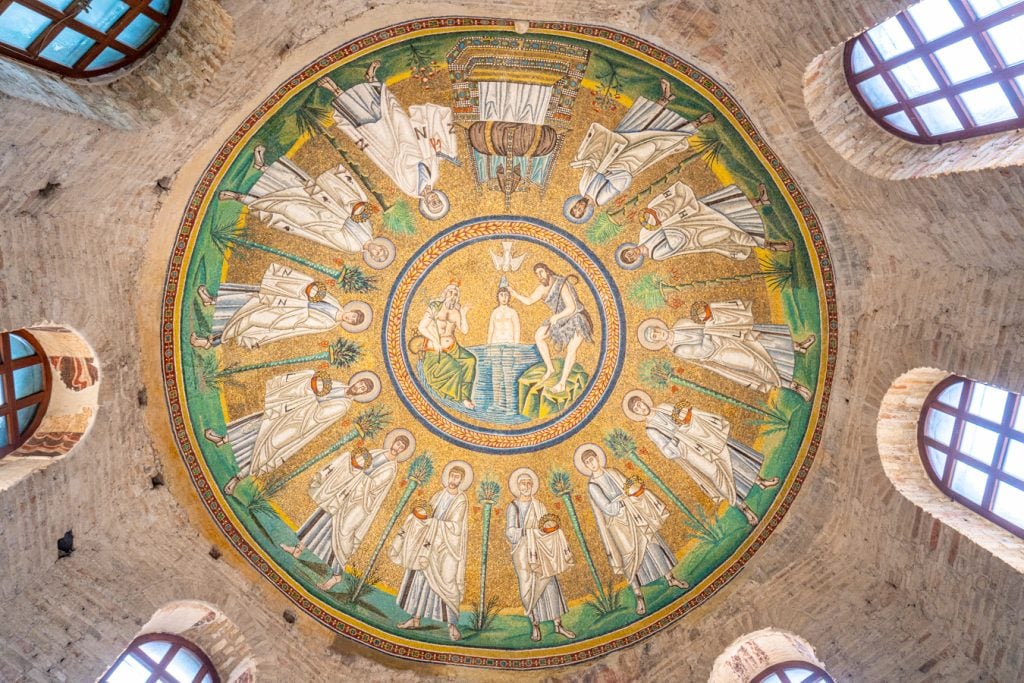 ceiling mosaic of the arian baptistery ravenna showing jesus being baptized