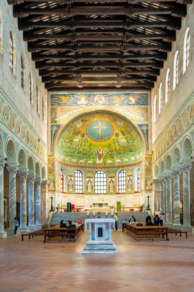 interior of Basilica of Sant'Apollinare in Classe with mosaic dominating the center